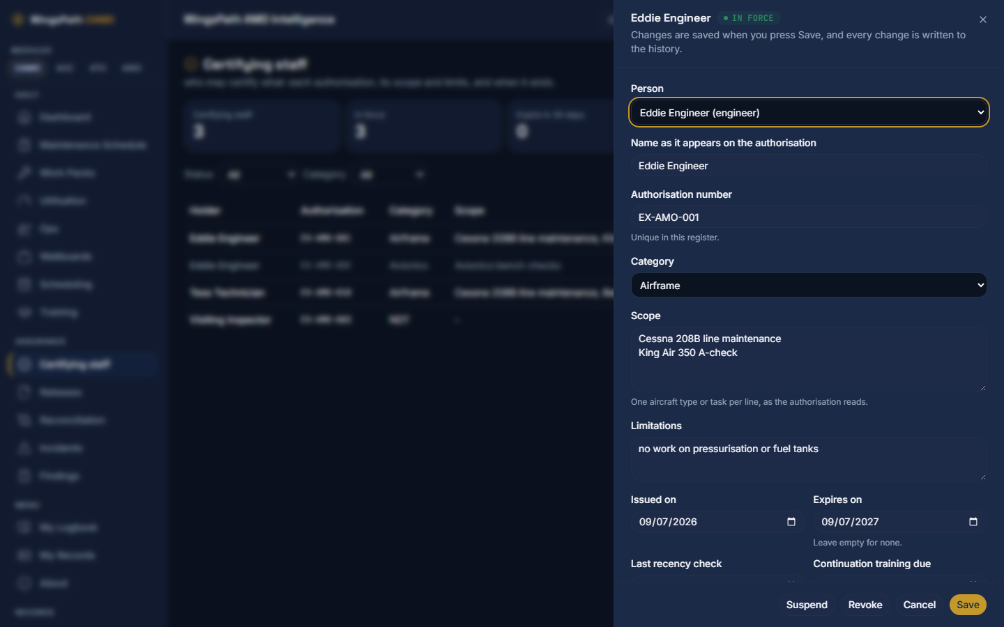 An authorisation open for editing, with person, number, category, scope, limitations and dates